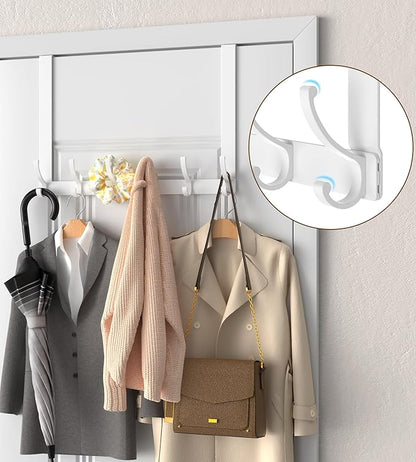KitchLife Long Over The Door Hooks Hanger with 15.75" Extended Arms, Fits 1 3/4" Doors, F40U, 6 Double-Hanger Design Thickened Heavy Duty Bathroom Towel Rack Organization, Glossy White, 1 Pack