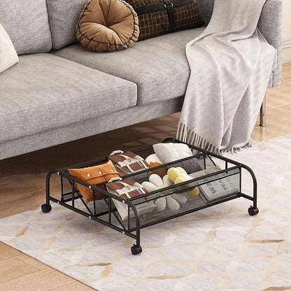 FKUO 2 Tier Shoe Rack Underbed Organizer Storage Rack with Wheels Woven Mesh Cloth Shoe Organizer Drawer Space Saving for Bedroom (Black, 2 Pack)