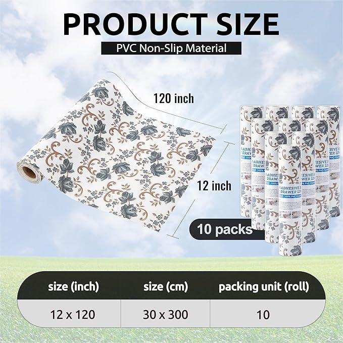 FIFTY FEET 12X120 Inch Shelf Liner for Kitchen Cabinets, PVC Drawer Liner for Dresser Non-Slip Bathroom, Non-Adhesive Cabinet Liner Washable (Black Floral)(10 Roll)
