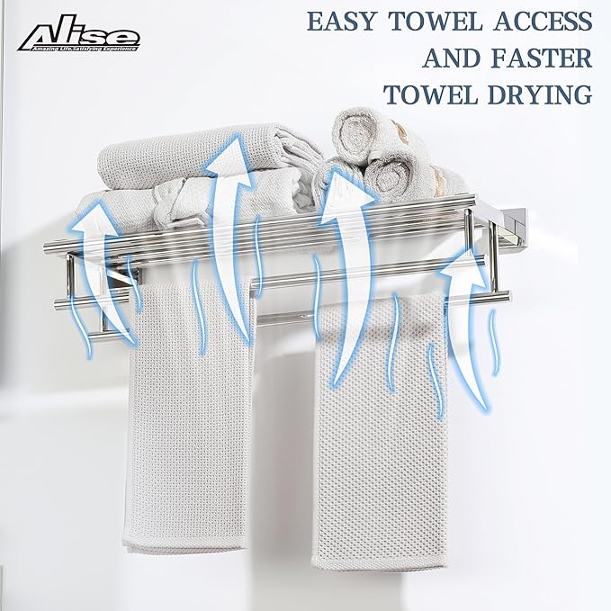 Alise Towel Rack,Towel Holder Towel Shelf with Double Towel Bars for Bathroom Lavatory,24 Inch SUS 304 Stainless Steel Wall Mount Towel Hanger,Polished Chrome