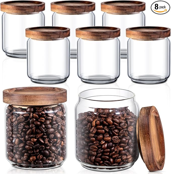 Irenare 8 Pack Glass Containers Canister Set, 17 oz Food Storage Spice Jars with Airtight Lids, Clear Kitchen Containers for Coffee Sugar Tea Beans Nuts Candy Pantry Organization (Wood)
