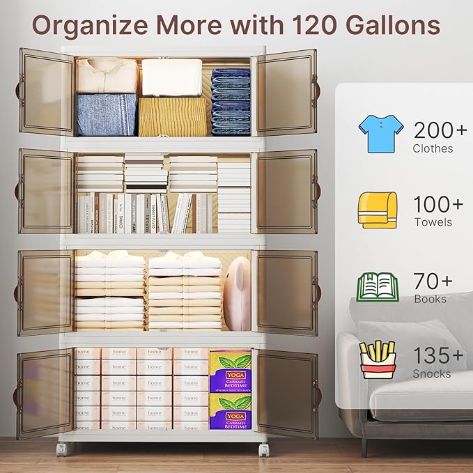 Extra Large Stackable Storage Bins, Lockable Storage Bins with Lids, Folding Storage box with Doors and Wheels, Collapsible Plastic Drawers for Home, Garage, Office (8, White, Large)