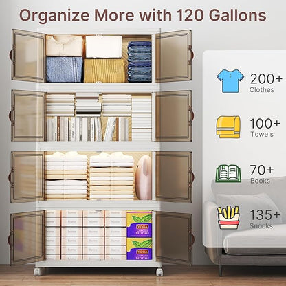 Extra Large Stackable Storage Bins, Lockable Storage Bins with Lids, Folding Storage box with Doors and Wheels, Collapsible Plastic Drawers for Home, Garage, Office (8, White, Large)