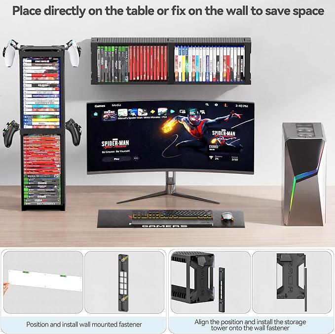 Video Game Disc Rack Tower Storage Holder Stand Universal for PS5/PS4/XBOX One/Series/NS Game, Game Organizer Shelf Display Stand for Wall Mount/Desk/Floor with Controller Holder Sega Genesis Consoles