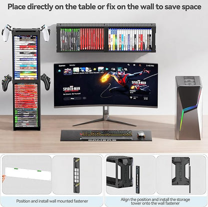 Video Game Disc Rack Tower Storage Holder Stand Universal for PS5/PS4/XBOX One/Series/NS Game, Game Organizer Shelf Display Stand for Wall Mount/Desk/Floor with Controller Holder Sega Genesis Consoles