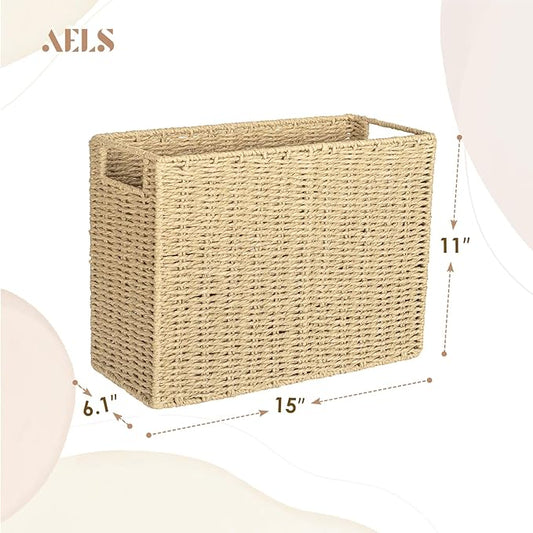 AELS Woven Natural Fibre Magazine Holder, Magazine Rack Floor, Hand-woven Magazine Organizer, Natural Paper Rope Magazine Basket with Handles, Boho Modern Farmhouse Book Basket, Newspaper Holder