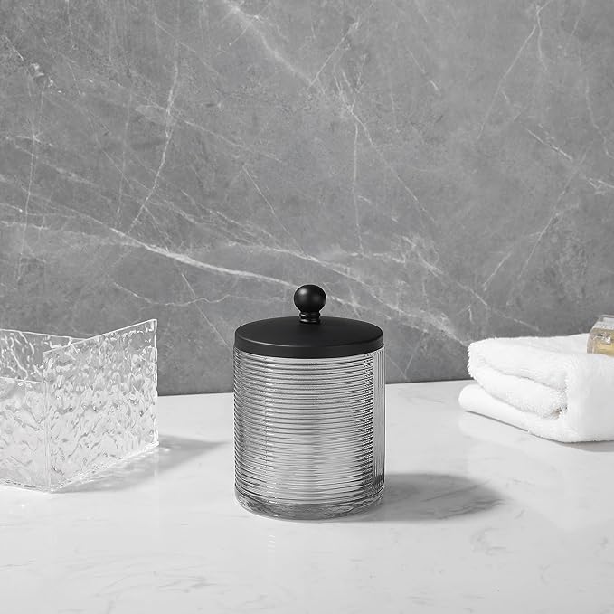 Indecor Home Gray Colored Tranlucent Apothecary Ribbed Geo Etched Glass Jar W/Matte Black Metal Lid Cover for Bathroom Organization, Cotton Balls, Q Tips, and Small Accessories, Bathroom Storage