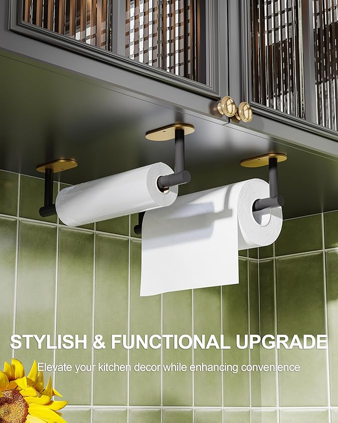 Paper Towel Holder Under Cabinet Black and Gold, Self Adhesive or Wall Mounted SUS304 Stainless Steel Paper Towel Holder for Kitchen, Bathroom, Farmhouse, Barbecue and Laundry (Black&Gold)