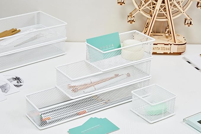 Annova Mesh Stackable Drawer Cabinet and Shelf Organizer Bins Storage Basket School Office Supply Holder Tray- Set of 2 (White, 3x9x2 Inch)