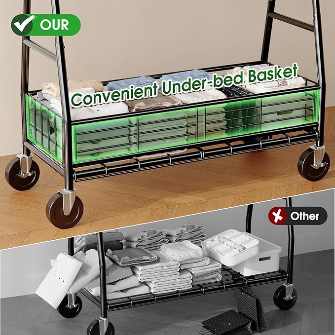 Raybee Heavy Duty Clothes Rack 630LBS, Double Rods Clothing Rack with Storage Basket, Portable Garment Rack for Heavy Clothes, Extendable & Adjustable, Bedroom, Closet, Commercial, Black