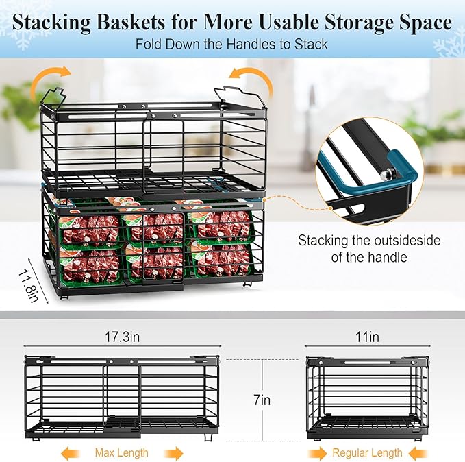 OdoVow Freezer Organizer Bins, 2 Pack Stackable Deep Freezer Organizer Bins, Large Expandable Chest Freezer Containers with Handle, Metal Adjustable Storage Baskets for Kitchen, Pantry (Black)