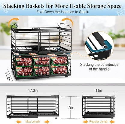 OdoVow Freezer Organizer Bins, 2 Pack Stackable Deep Freezer Organizer Bins, Large Expandable Chest Freezer Containers with Handle, Metal Adjustable Storage Baskets for Kitchen, Pantry (Black)