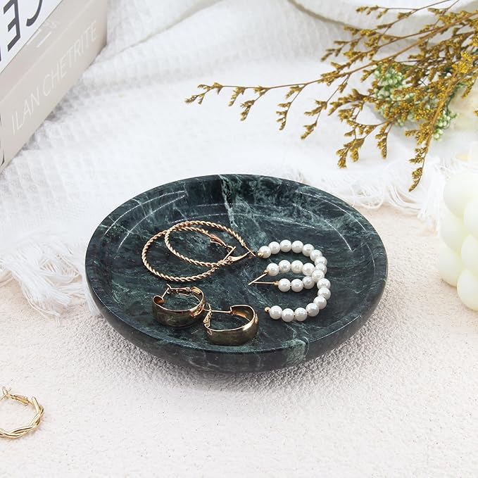 Plukers Small Natural Marble Jewelry Tray Key Plate Holder Dish Trinket Decor Catch All Bowl for Ring Earring Stone Gift for Women Daugther,Verde Alpi Green