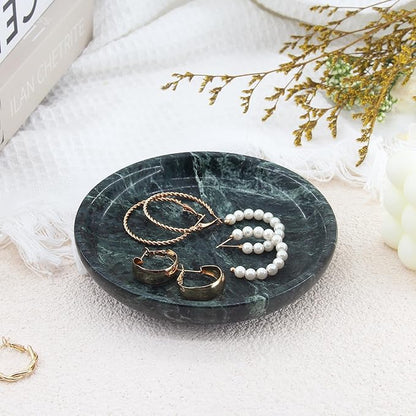 Plukers Small Natural Marble Jewelry Tray Key Plate Holder Dish Trinket Decor Catch All Bowl for Ring Earring Stone Gift for Women Daugther,Verde Alpi Green