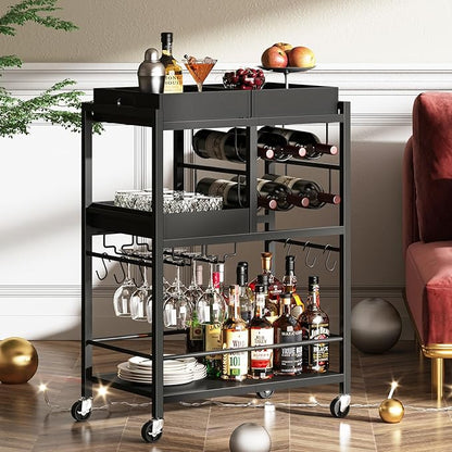TUTOTAK Bar Cart, Home Bar Serving Cart, 3-Tier Kitchen Cart on Wheels, Rolling Beverage Cart with Wine Rack and Glass Holder, Black BC01BK037