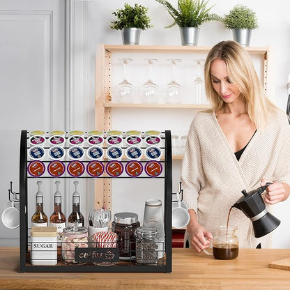 Metal K Cup Holder, 2 Tier Coffee Bar Organizer with 4 Coffee Mug Hooks, Multi-functional Countertop Coffee Station Tray Wooden K Cup Organizer - Black