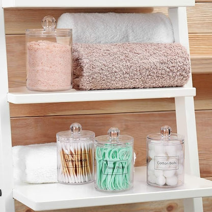 AOZITA 3 Pack Acrylic Qtip Holder Dispenser for Cotton Swab, Ball, Round Pads, Floss Picks - 10 oz Clear Plastic Apothecary Jar Set for Bathroom Canister Storage Organization, Vanity Makeup Organizer