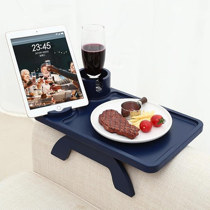 Nnewvante Couch Arm Tray,3 in 1 Large 15.36"x9.85" Bamboo Couch Table Armrest Sofa Arm Clip on Tray Table with 360°Rotated Phone/Cup Holder,Navy Blue