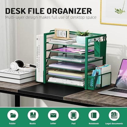 Simple Trending 6 Tier Desk File Organizer, Paper Letter Tray Organizer with File Holder and Pen Container, Green