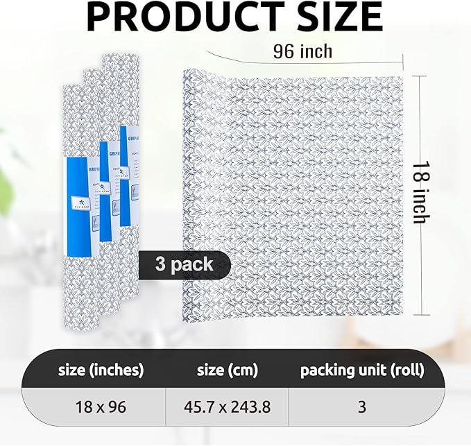 RAY STAR 18X96 Inch Shelf Liner for Kitchen Cabinets, Non-Adhesive Cabinet Liner Washable, PVC Drawer Liner for Dresser Non-Slip Bathroom (Black Floral)(3 Roll)