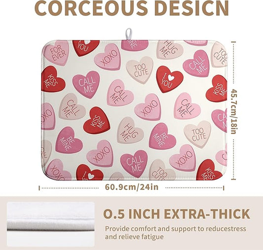 Wnoesat Valentine Love Heart Dish Drying Mat for Kitchen Counter 18x24 Inch Valentines Day Dish Mats Absorbent Microfiber Dish Draining Mat Reversible Dish Drying Rack Mat with Hanging Loop