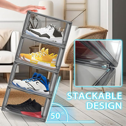 DAYOOH 12 Pack Large Shoe Organizers Storage Boxes for Closet Clear Plastic Stackable Shoe Box Storage Bins with Lids, Under Bed Shoe Containers for Entryway, Size 12 Gray