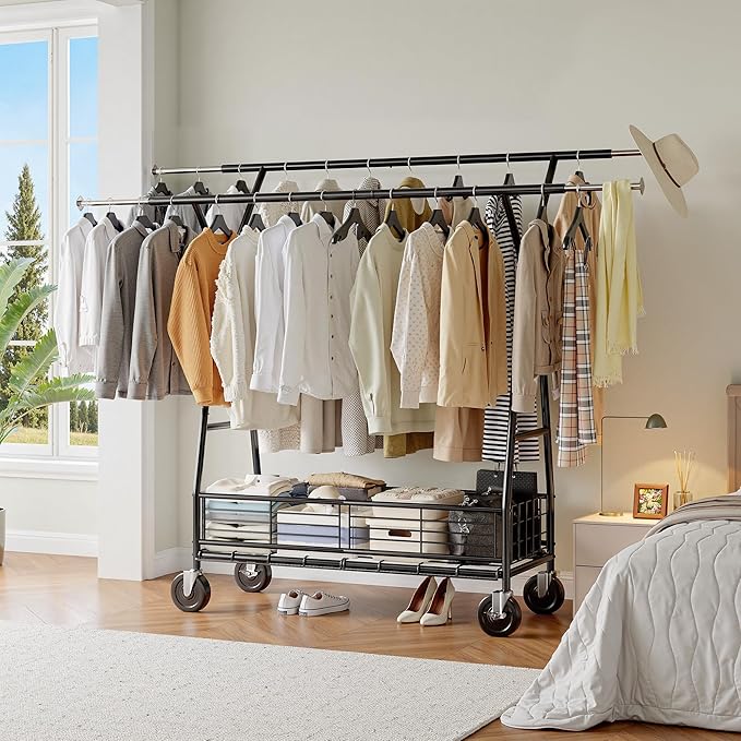 Raybee Heavy Duty Clothes Rack 630LBS, Double Rods Clothing Rack with Storage Basket, Portable Garment Rack for Heavy Clothes, Extendable & Adjustable, Bedroom, Closet, Commercial, Black