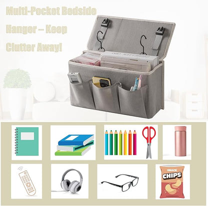 Bedside Caddy/Bedside Storage Organizer Hanging Bag with Three Options,Suitable for home beds, sofas, and dormitory beds—can hold magazines, books, phones, iPads, remote controls. (Gray)