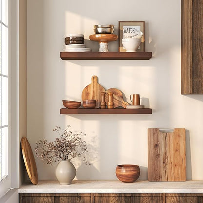 Fun Memories Farmhouse Floating Shelves - 8 Inch Deep Rustic Wood Wall Shelf - Premium Solid Wood Storage Shelf for Kitchen Living Room Bedroom - 24" W x 8" D - Set of 2 - American Walnut Color