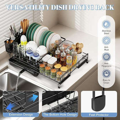 Oroonoko Extendable Dish Drying Rack,Large Drying Dish Drainer for Kitchen Counter, Stainless Steel Dish Strainer with Utensil Rack and Adjustable Feet for Sink