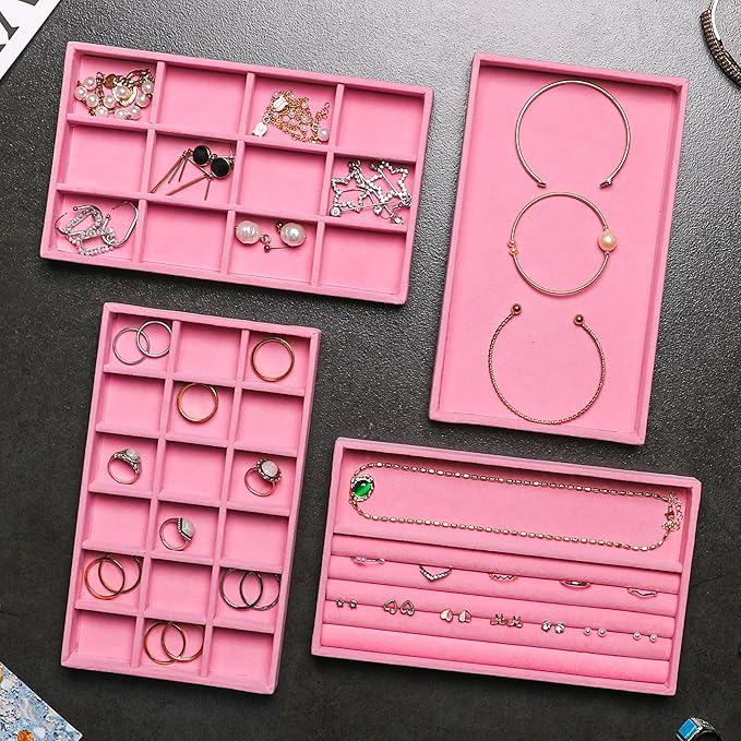 Frebeauty Jewelry Organizer Tray,Stackable Velvet Jewelry Trays,Drawer Inserts Earring Organizer For Women Jewelry Storage Display Case for Rings Stud Necklaces,Set of 4(Pink)