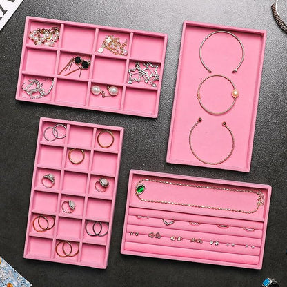 Frebeauty Jewelry Organizer Tray,Stackable Velvet Jewelry Trays,Drawer Inserts Earring Organizer For Women Jewelry Storage Display Case for Rings Stud Necklaces,Set of 4(Pink)