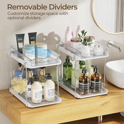 Delamu 2 Tier Bathroom Under Sink Organizers and Storage with Hook, Multi-Purpose Cabinet Drawers with Movable Dividers, Pull Out Organization for Countertop, Kitchen and Pantry(White, 2 Pack)