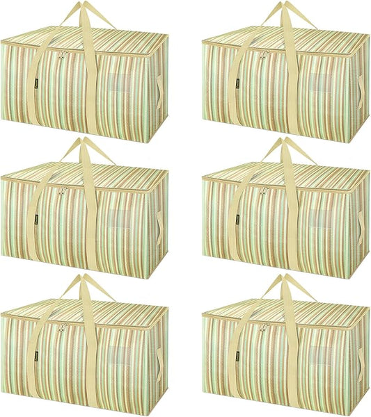 BALEINE 6-Pack Oversized Moving Bags with Reinforced Handles, Heavy-Duty Storage Tote for Clothes, Moving Supplies (Color Strip, 6-Pack)
