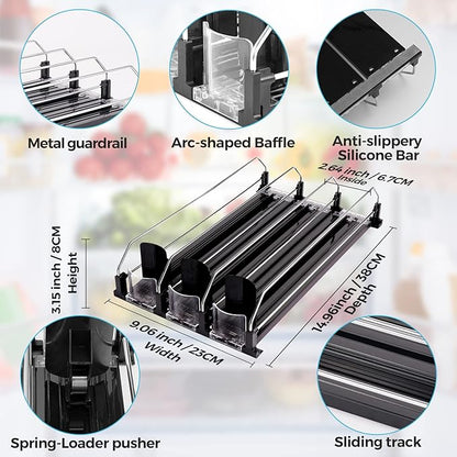 BingoHive Drink Dispenser for Refrigerator, Self-Pushing Soda Can Organizer for Fridge, 3 Rows has been Assembled, Automatic Can Organizer with Spring Loaded for Refrigerator Holds 15 cans, Black