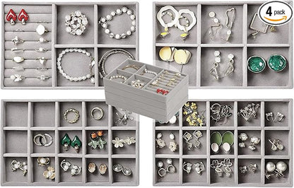 Set of 4 Stackable Jewelry Trays Organizer, Velvet Earring Organizer, Jewelry Organizer Showcase Display Drawer Organizer Storage, Earring Holder Necklace Bracelet Ring Accessary Organizers (Gray)