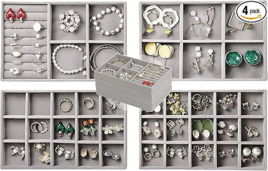 Set of 4 Stackable Jewelry Trays Organizer, Velvet Earring Organizer, Jewelry Organizer Showcase Display Drawer Organizer Storage, Earring Holder Necklace Bracelet Ring Accessary Organizers (Gray)