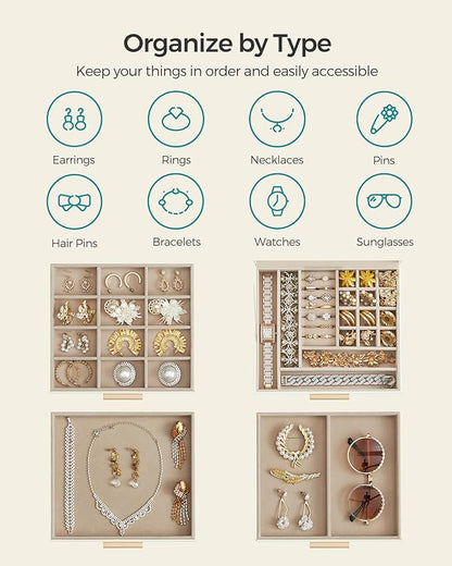SONGMICS Jewelry Box Organizer with Glass Lid, 4-Layer Jewelry Storage, with 3 Drawers, Modern Style, 8 x 9.1 x 6.5 Inches, Cloud White and Gold Color UJBC173W01