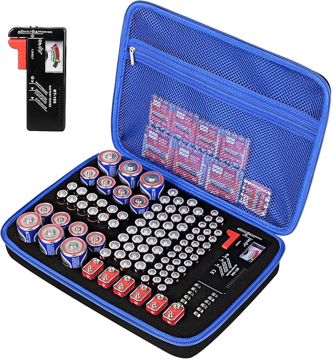 Battery Organizer Storage Case with Tester for AA AAA C D 9V Battery Holder 7 Batteries Variety Pack 111 Batteries Mesh Bag (Batteries Not Included) (black-blue)