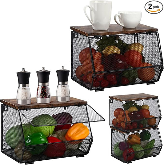 2 Pcs Stackable Mesh Fruit Basket with Lid Wall Produce Vegetable Storage Basket Onion Potato Snack Hanging Metal Wire Container for Kitchen Counter Pantry(Non-removable,Black,7.1"w & 11.8"l)