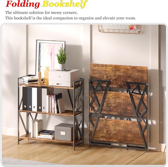 UDD No Assembly Wide Folding Bookshelf, 34" H x 30.9" W, 3 Tier Foldable Book Shelf Industrial Bookcase, Vintage Collapsible Storage Shelves for Home Office Living Room Bedroom, Rustic Brown Black