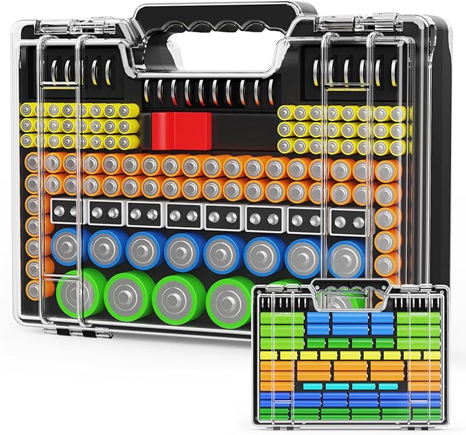 Battery Organizer Storage Holder Box Case with Tester, Stores & Protects Up to 260 Batteries, Double-Clear Locking Lid, Holds AA AAA C D and More (Not Includes Battery Pack) - Black