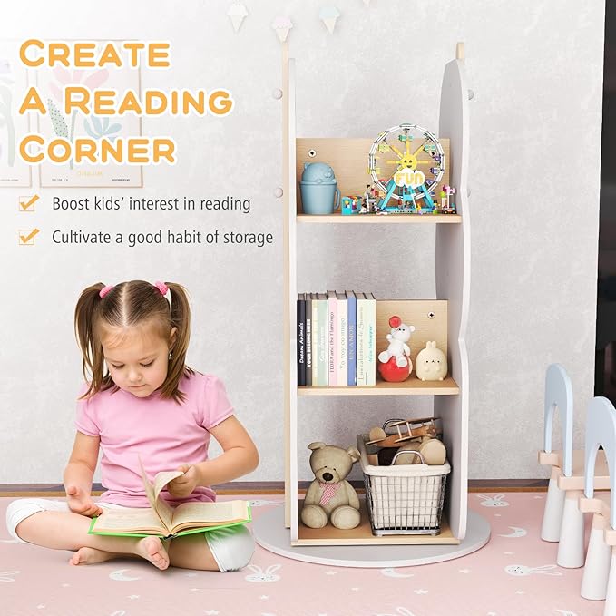 Costzon Kids Rotating Bookshelf, 3-Tier Small Book Shelf w/12 Sectors, 360° Display Spinning Bookshelf Tower, Wooden Revolving Bookcase for Kid's Room, Living Room, Daycare, Small Spaces (White)