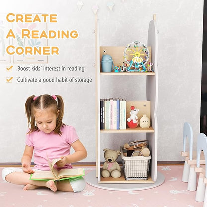 Costzon Kids Rotating Bookshelf, 3-Tier Small Book Shelf w/12 Sectors, 360° Display Spinning Bookshelf Tower, Wooden Revolving Bookcase for Kid's Room, Living Room, Daycare, Small Spaces (White)