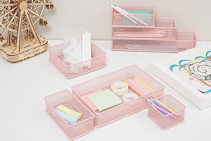 Annova Mesh Stackable Drawer Cabinet and Shelf Organizer Bins Storage Basket School Office Supply Holder Tray- Set of 2 (Light Pink, 3x6x2 Inch)
