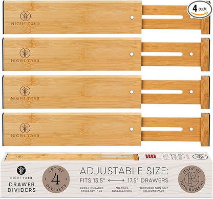 Night Tree Expandable Bamboo Drawer Dividers – Spring-Loaded Wooden Organizers for Clothes, Kitchen Utensils, Bathroom, and Dresser Drawers (13.5" to 17.5")