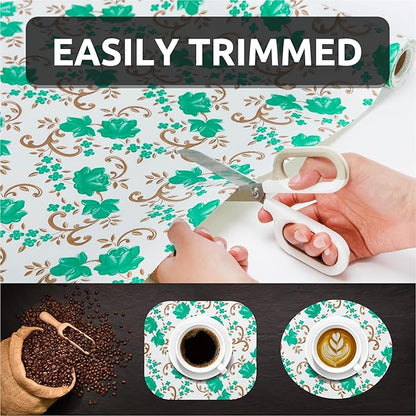 18X96 Inch Shelf Liner for Kitchen Cabinets, PVC Drawer Liner for Dresser Non-Slip Bathroom, Non-Adhesive Cabinet Liner Washable (Green Floral)(4 Roll)