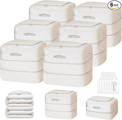Easortm Comforter Storage Bag - 110L Large Capacity Blanket Storage Bags 2-Layer Ultra Space Saving Self Compression Organizer, Washable Compression Bags for Storage Comforter Blanket, 6-Pack, Beige