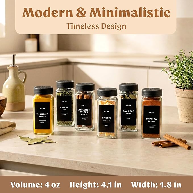 Glass Spice Jars with Labels (24 x 4oz) Spice Containers with 240 Labels, Shaker Inserts, Funnel, Empty Square Empty Square Seasoning Organizer (Black Lids)