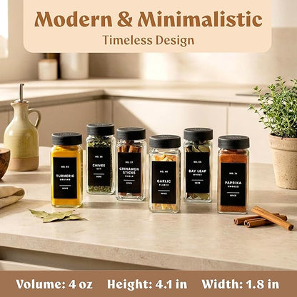 Glass Spice Jars with Labels (24 x 4oz) Spice Containers with 240 Labels, Shaker Inserts, Funnel, Empty Square Empty Square Seasoning Organizer (Black Lids)